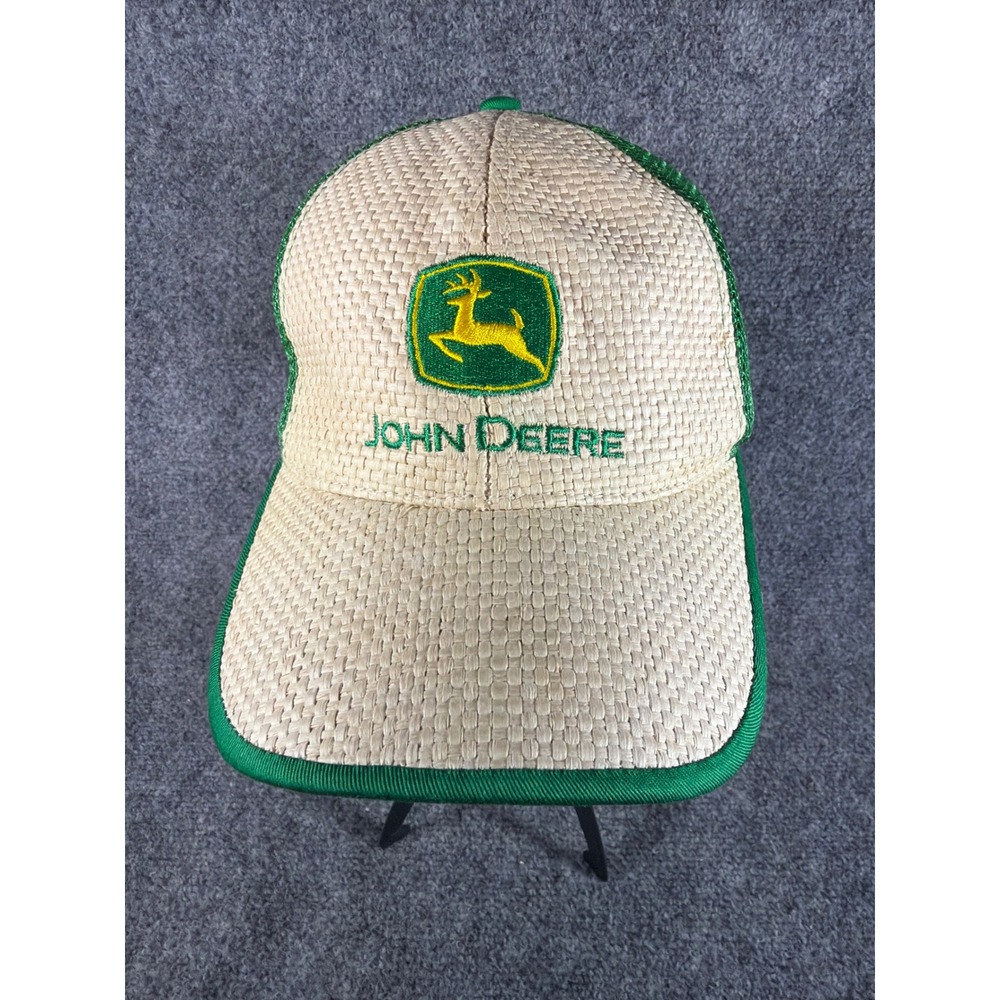 John Deere Straw Woven Mesh Trucker Hat Green Tan Snapback Cap MPC Promotions